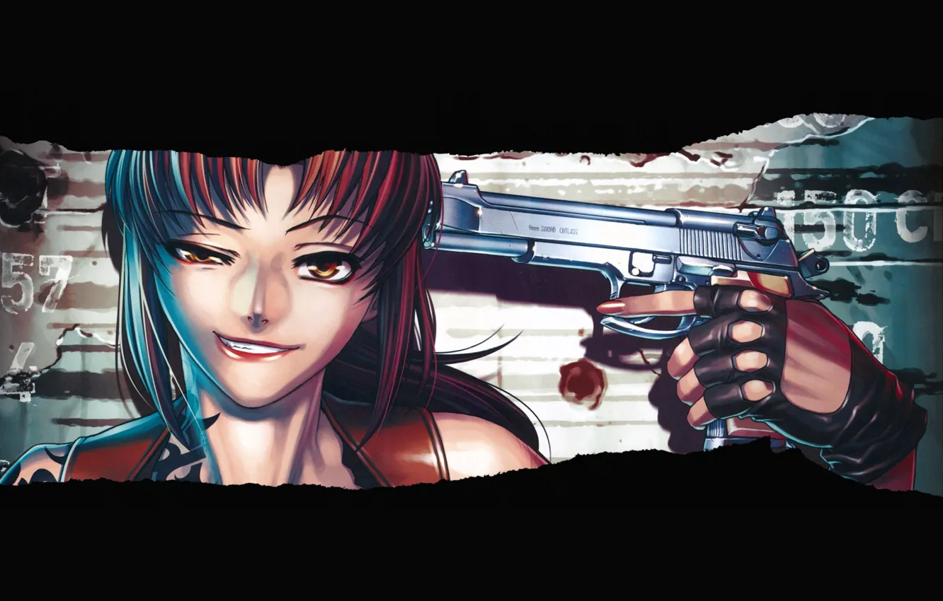 Photo wallpaper Black Lagoon, Revy, girl, gun, weapon, anime, artwork, black background