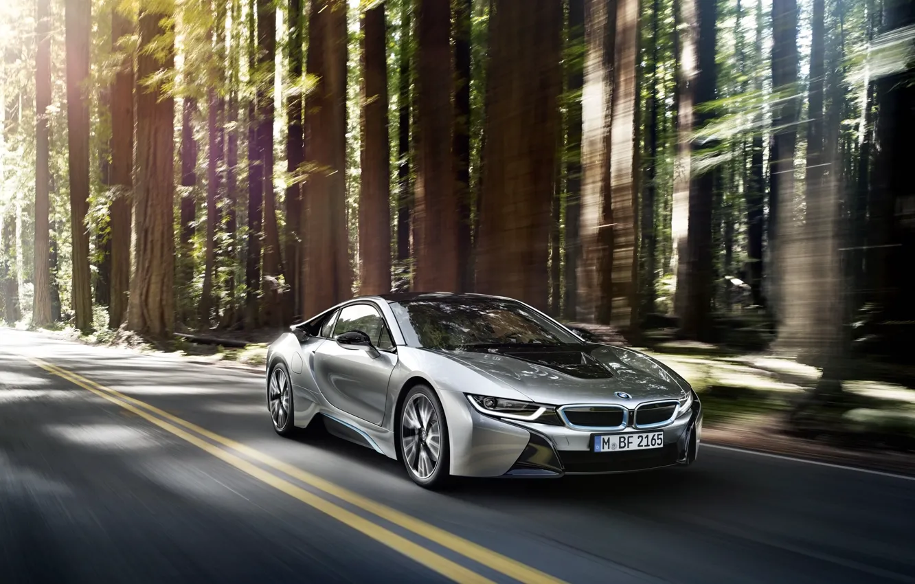 Photo wallpaper car, auto, forest, BMW, in motion, BMW i8