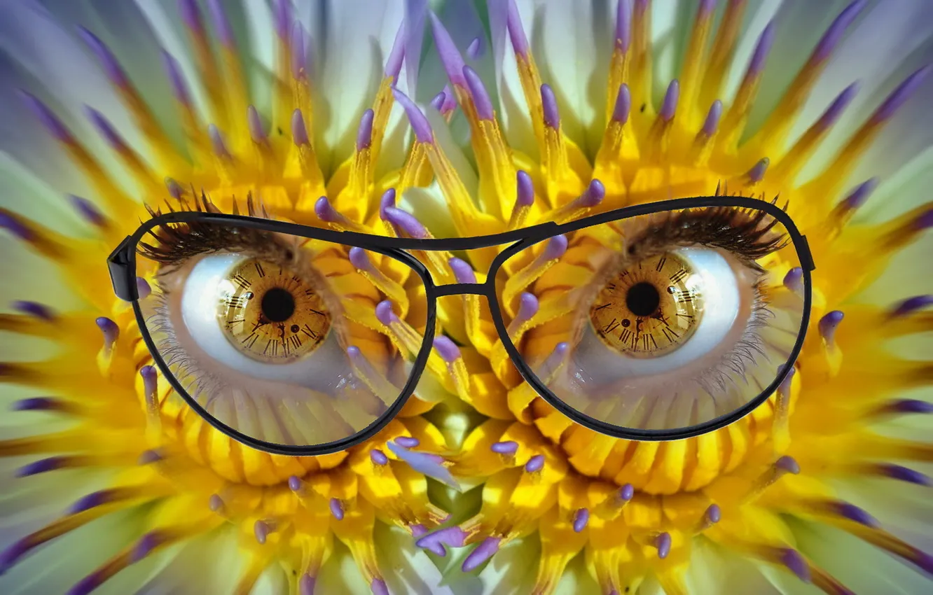 Photo wallpaper eyes, flowers, glasses, dial, pupils
