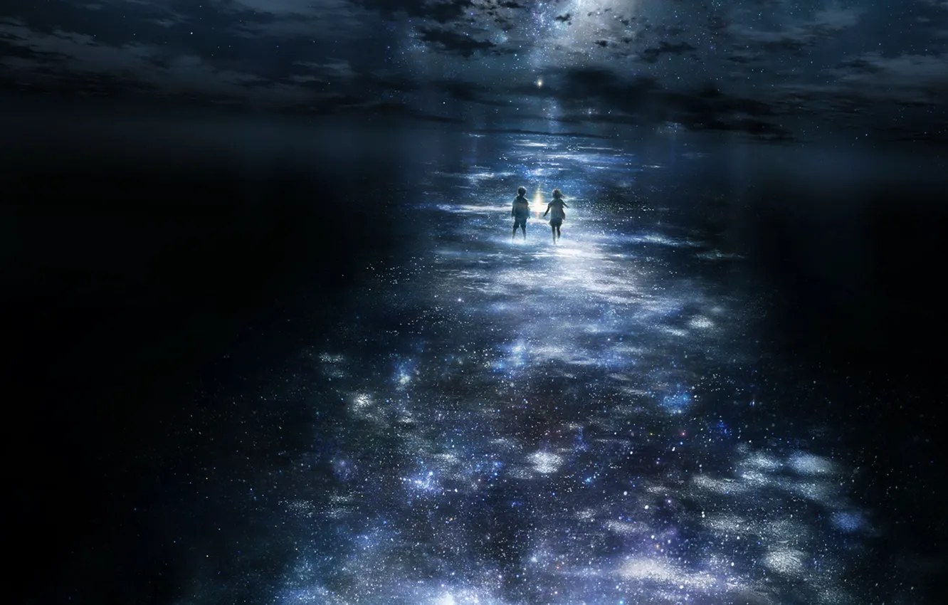 Photo wallpaper stars, night, children, moonlight