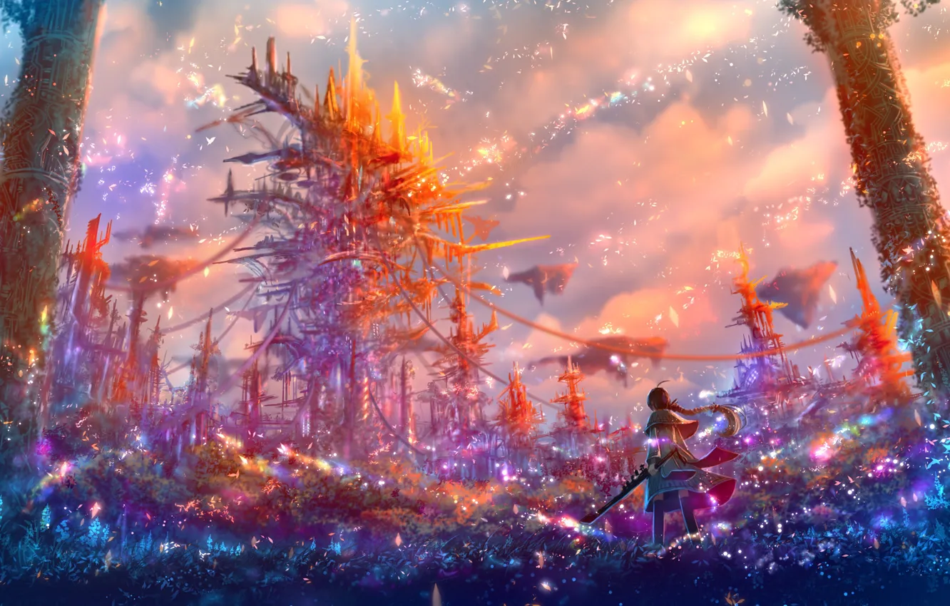 Photo wallpaper girl, castle, sword, fantasy