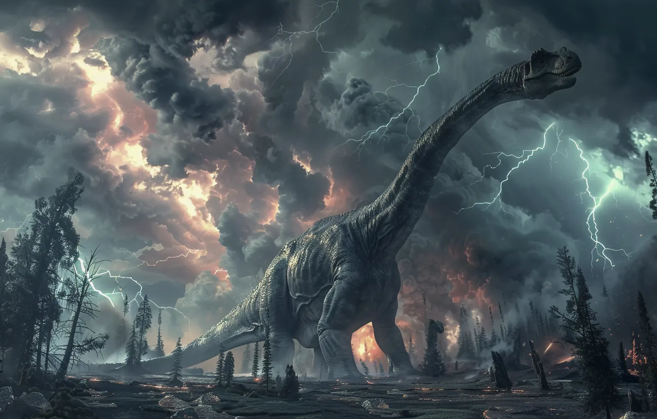 Photo wallpaper trees, clouds, animal, lightning, dinosaur, digital art, Ancient animals, Extinct animals