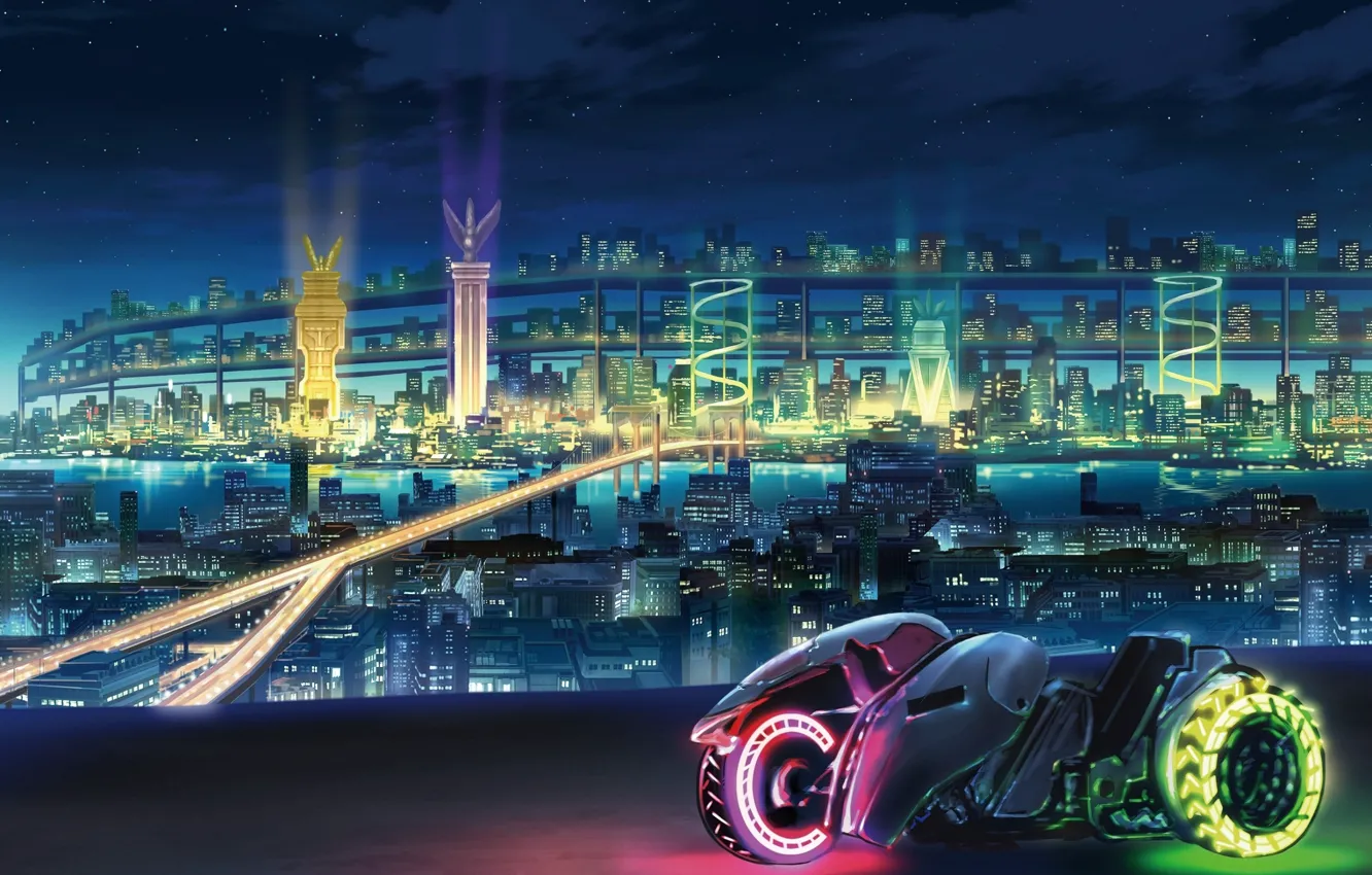 Photo wallpaper night, the city, lights, future, fiction, motorcycle, bike