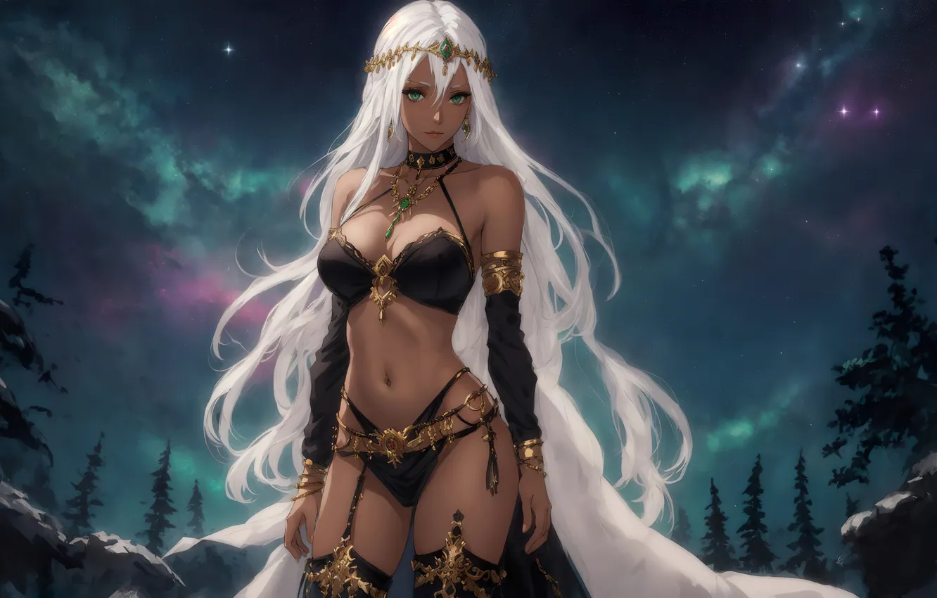 Photo wallpaper girl, fantasy, green eyes, nature, anime, art, night sky, painting