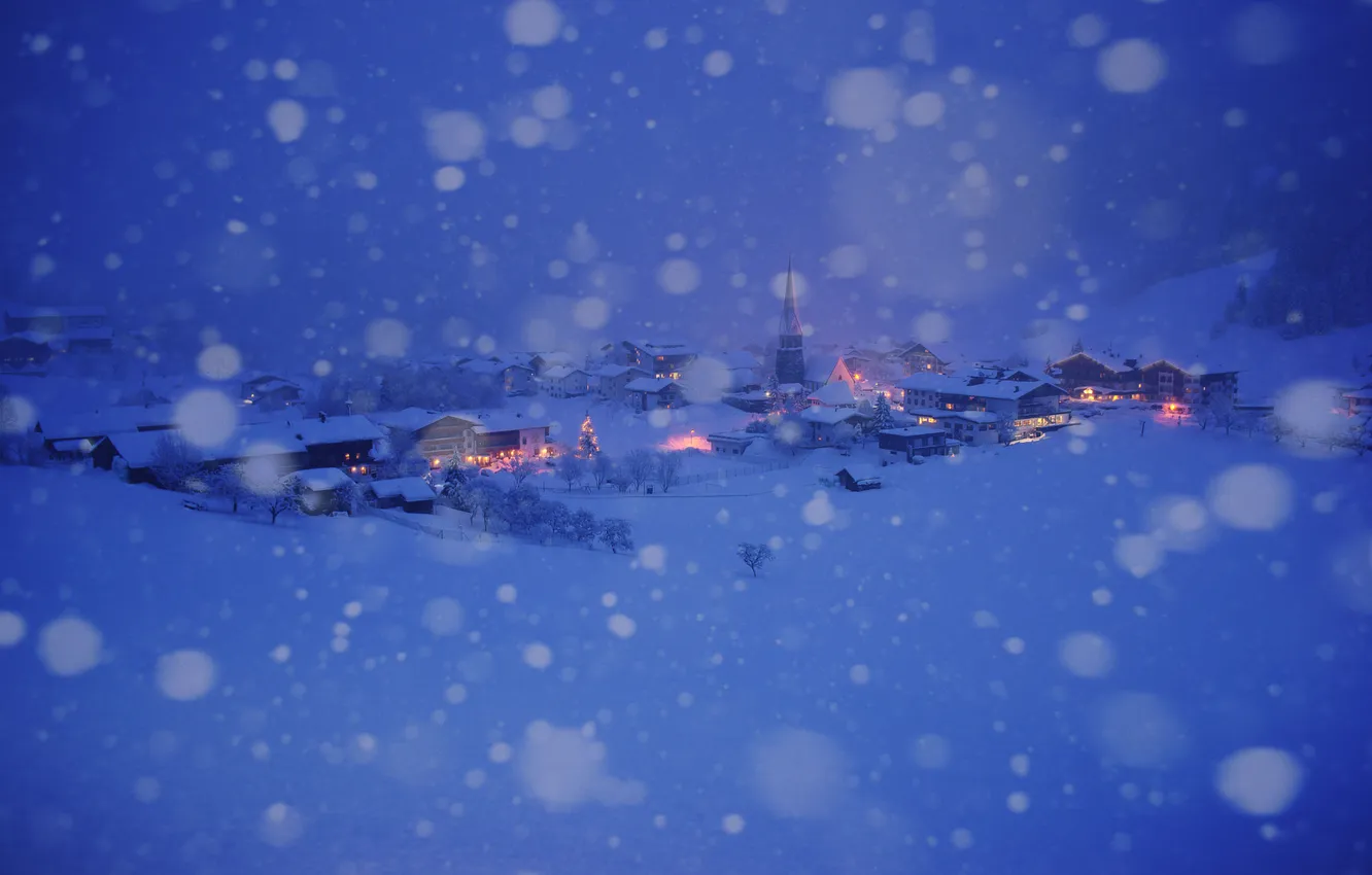 Photo wallpaper winter, snow, night, the city, lights