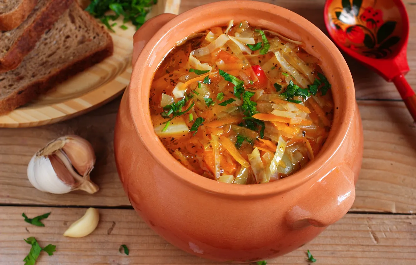 Photo wallpaper bread, pot, cabbage, garlic, soup
