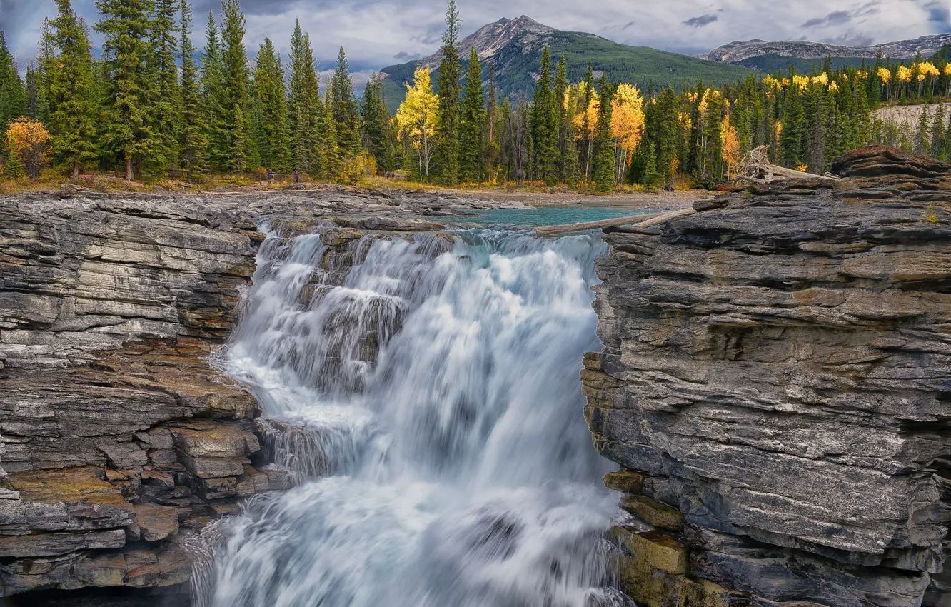 Photo wallpaper autumn, forest, mountains, river, waterfall