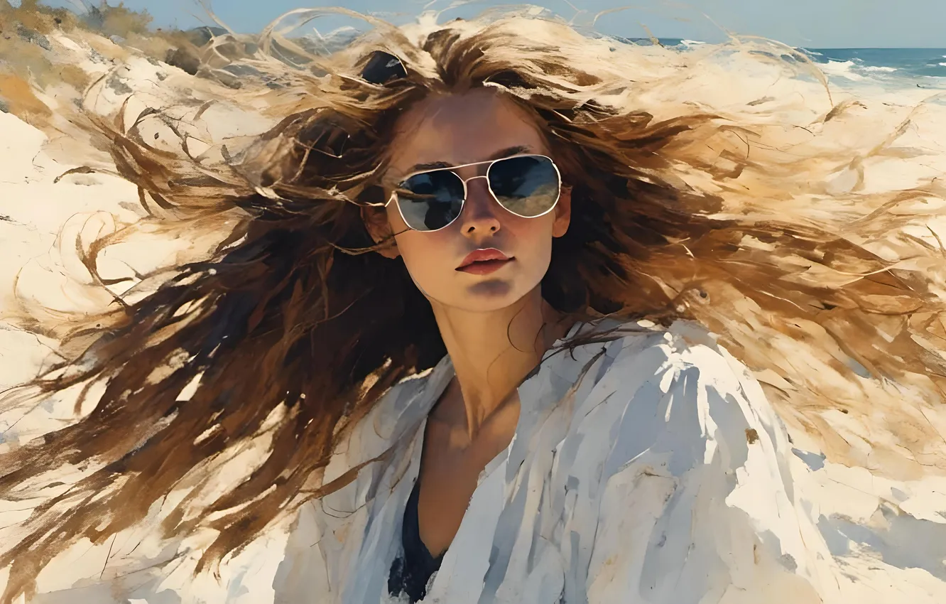 Photo wallpaper sand, beach, summer, look, girl, light, the wind, shore