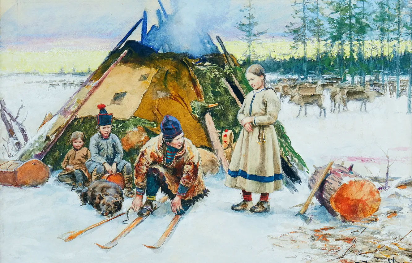 Photo wallpaper Winter, Snow, People, Picture, Deer, Johan Tieran, Johan Tiren, Family in a cabin with reindeer