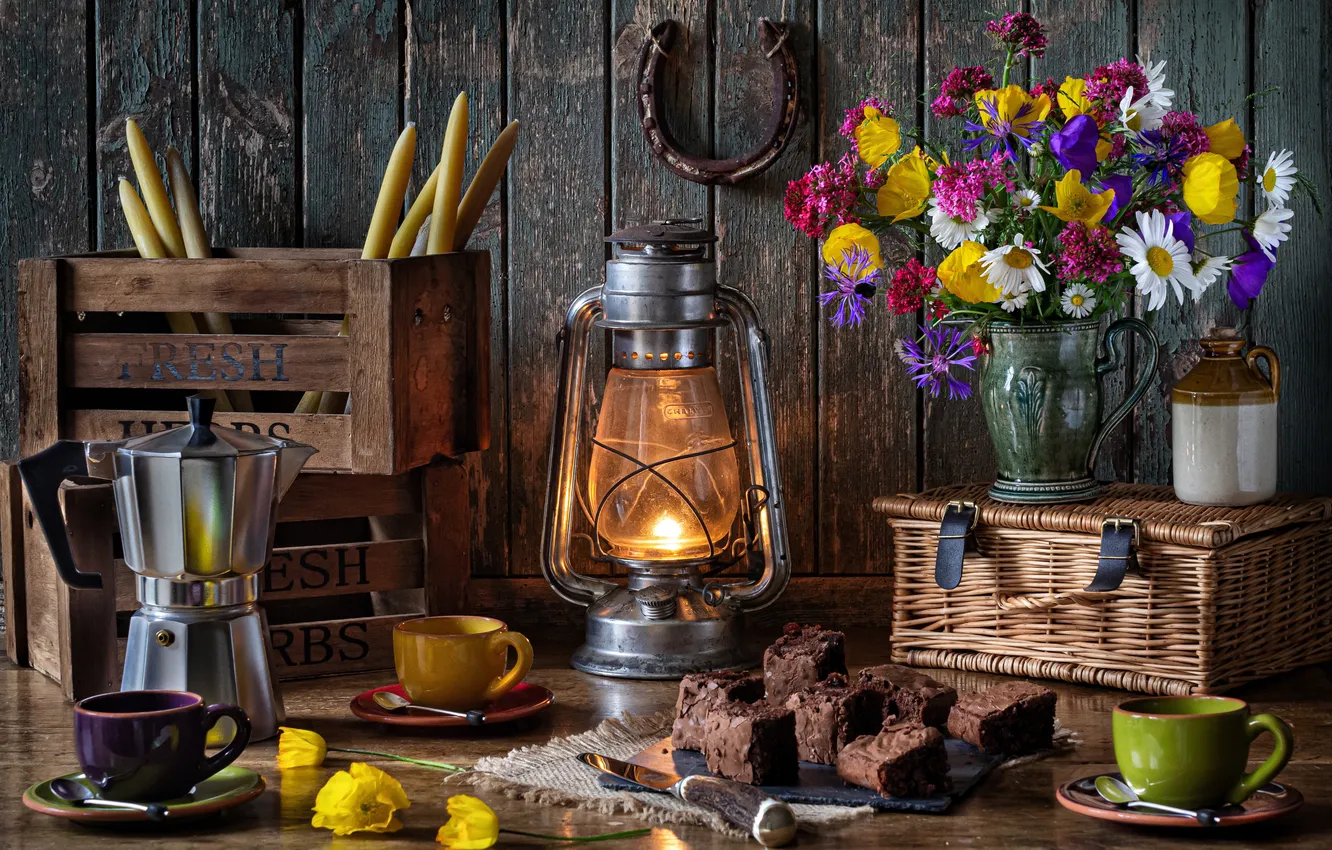 Photo wallpaper bouquet, Cup, vase, cake, still life, box, horseshoe, coffee pot