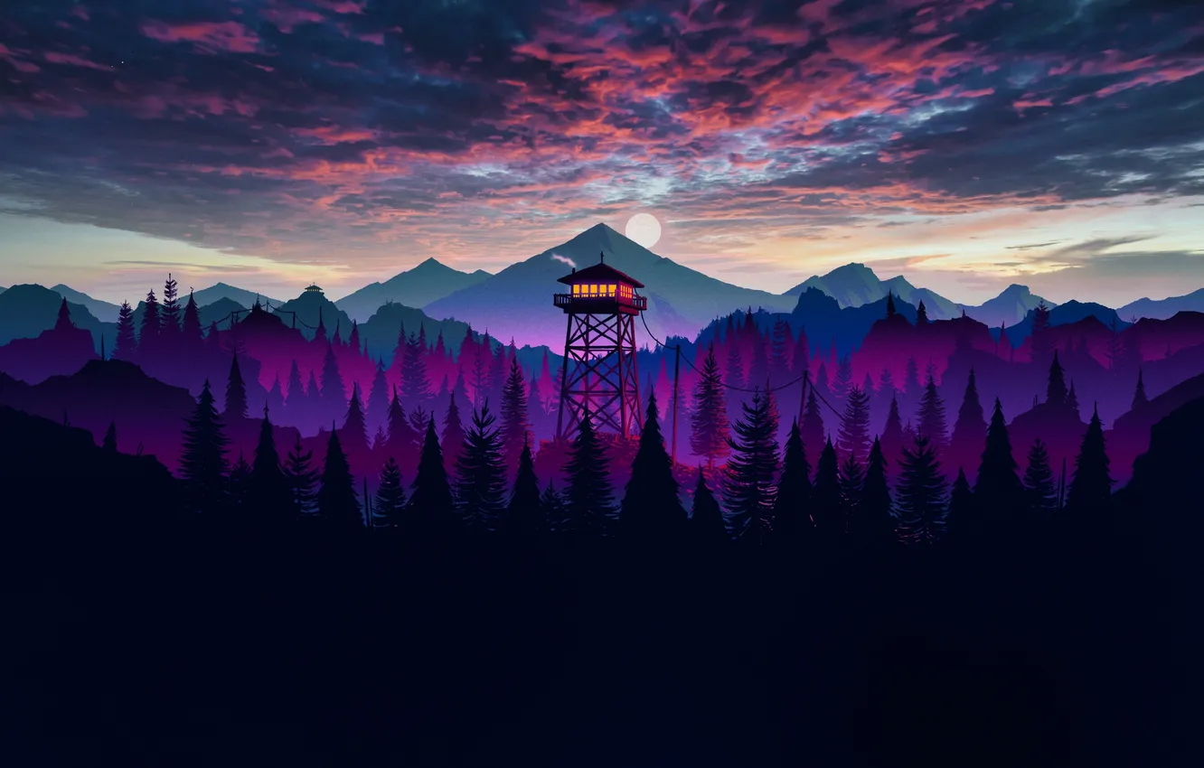 Photo wallpaper forest, the sky, clouds, landscape, sunset, mountains, nature, the game