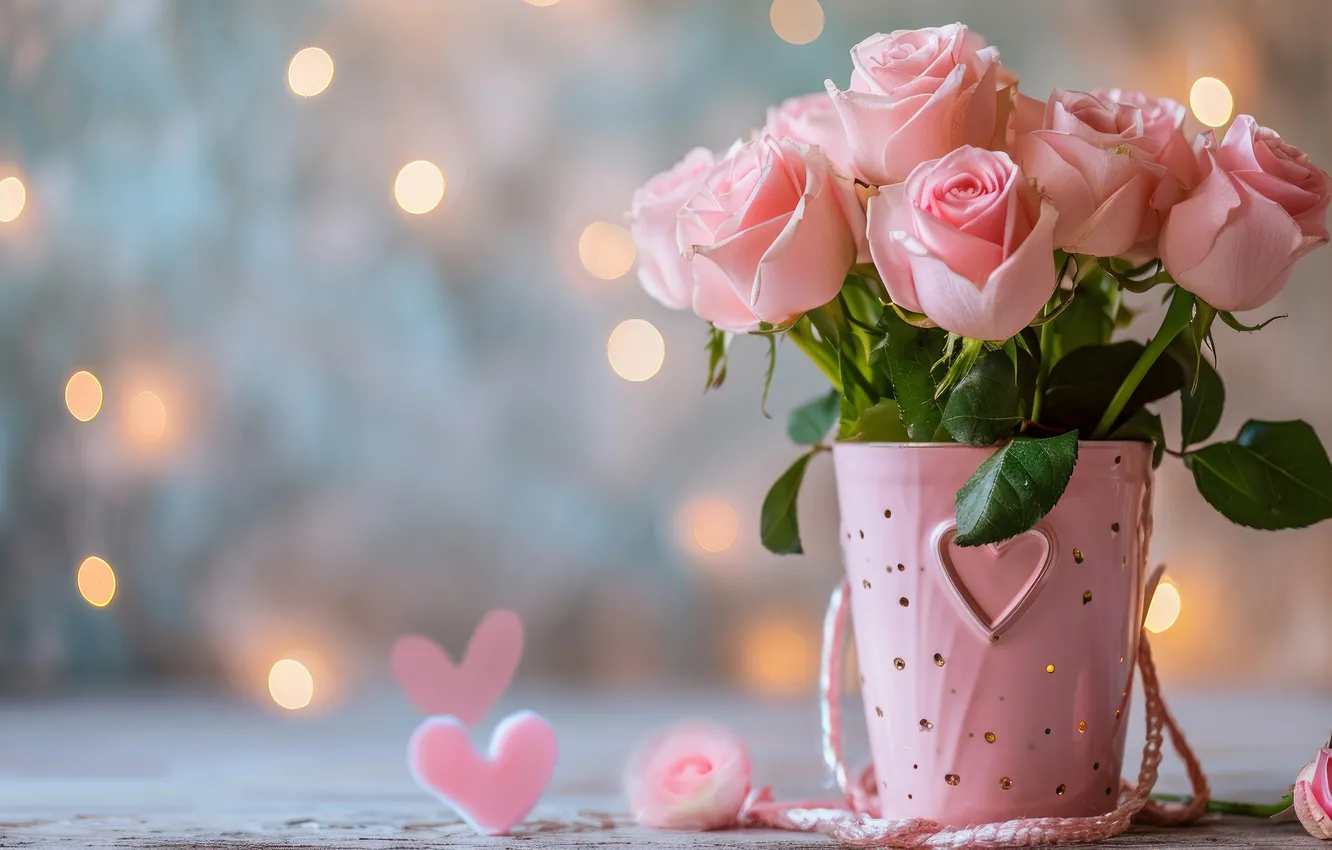 Photo wallpaper flowers, lights, table, holiday, heart, roses, bouquet, petals