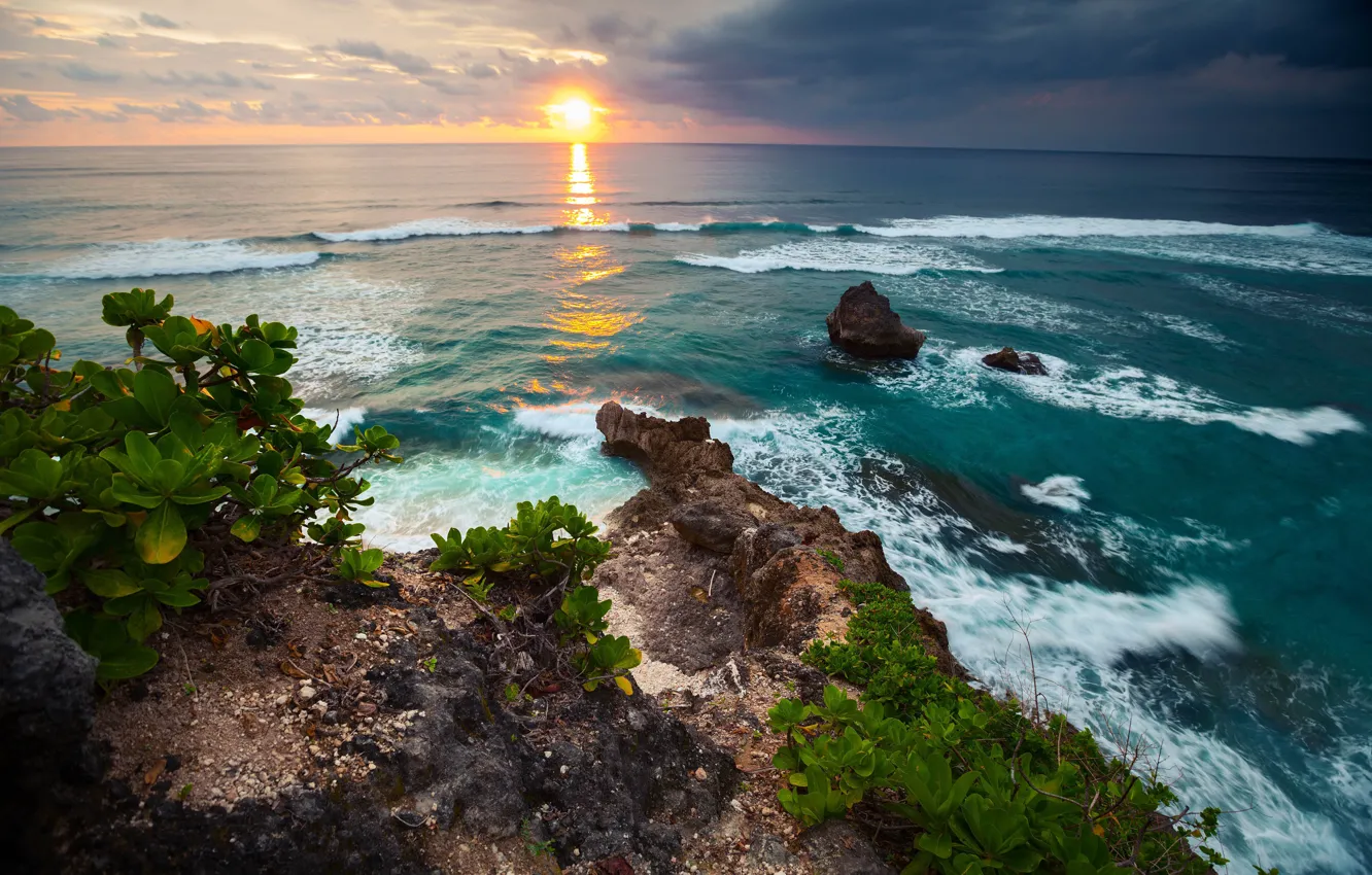 Photo wallpaper wave, the sky, landscape, sunset, tropics, the ocean, rocks, stay