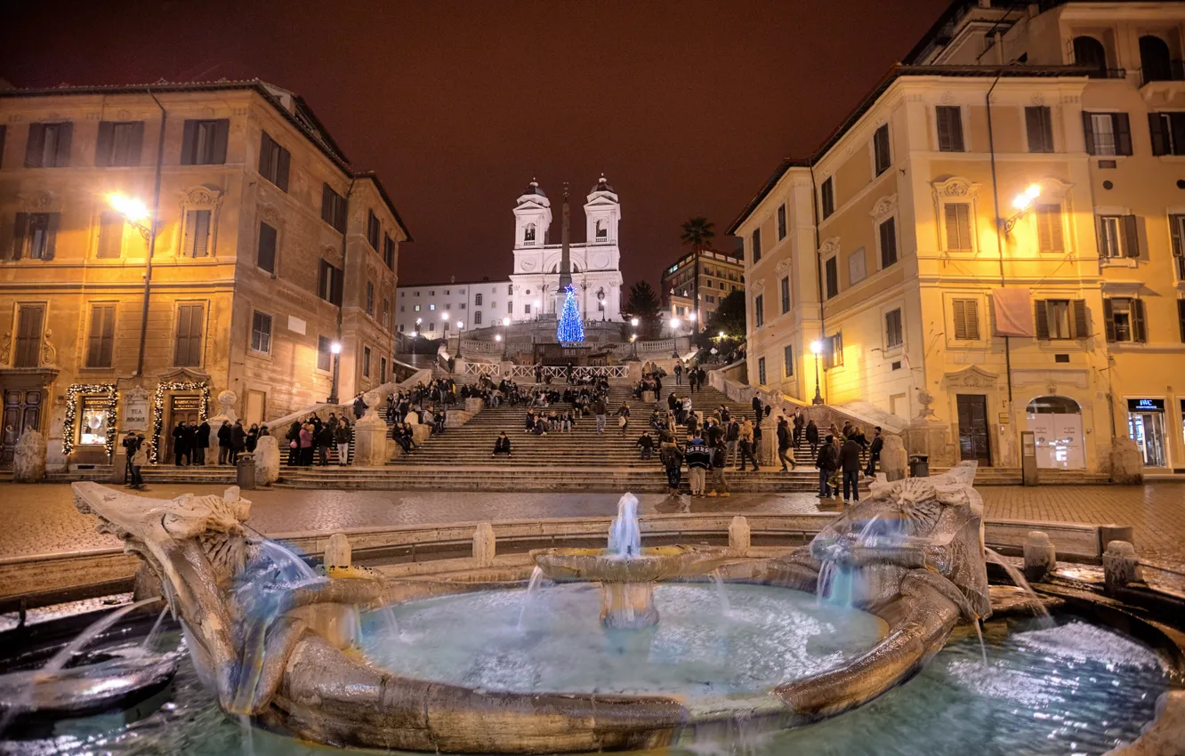 Photo wallpaper lights, people, the evening, Rome, Italy, stage, fountain, The Spanish steps