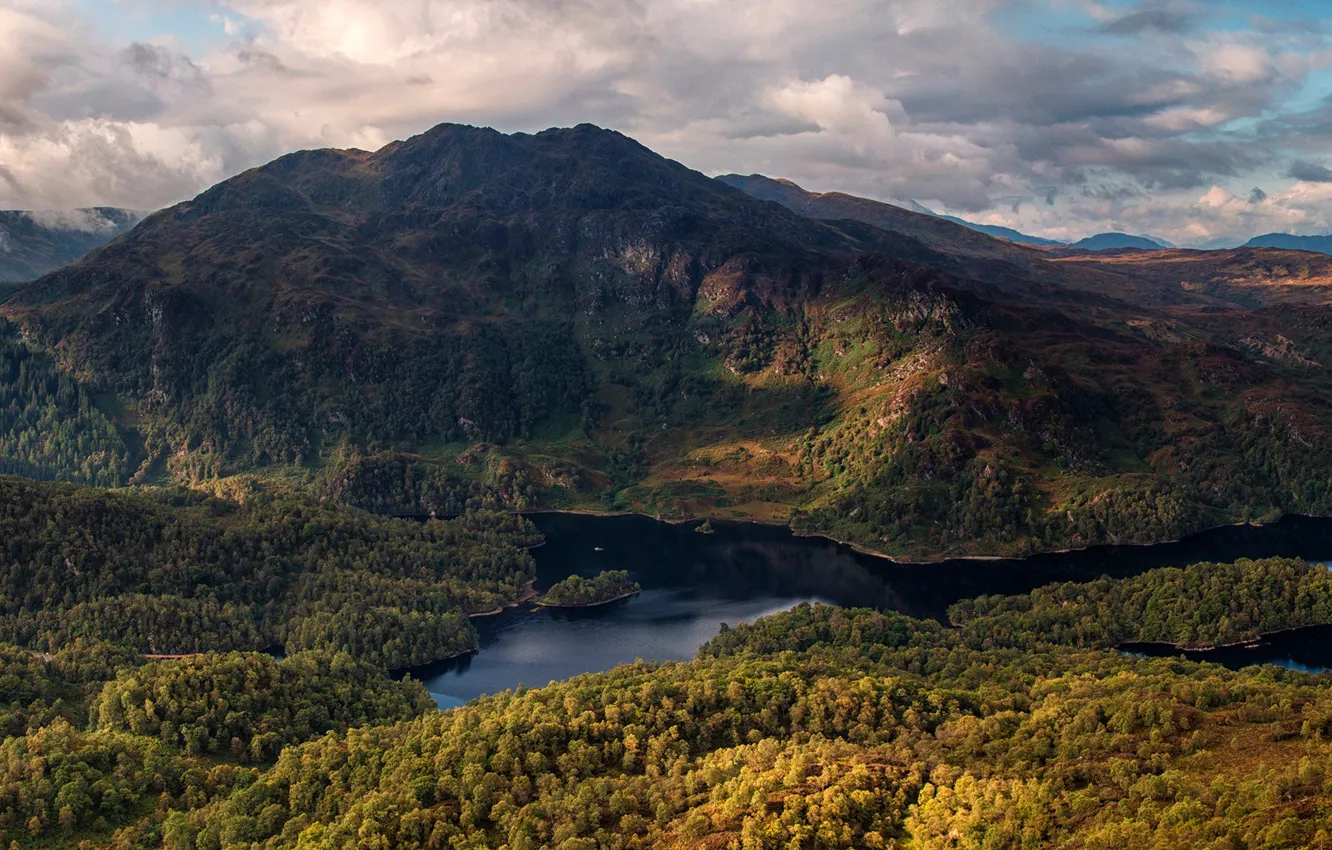 Photo wallpaper forest, clouds, trees, mountains, river, Scotland, panorama