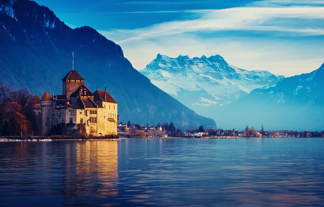 Photo wallpaper mountains, the city, Switzerland, Lake Geneva