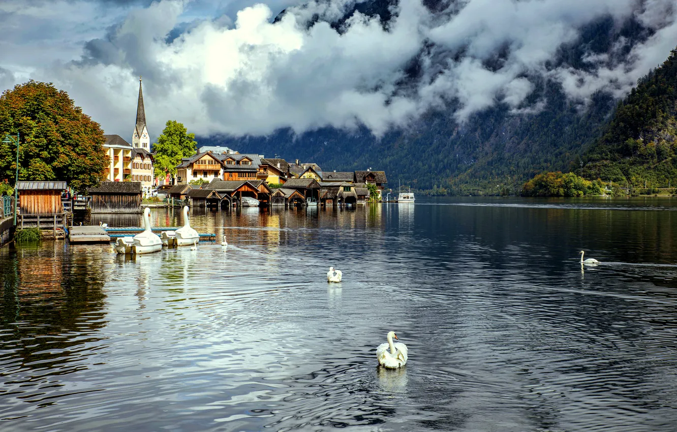 Photo wallpaper clouds, lake, building, home, Austria, swans, Austria, Hallstatt