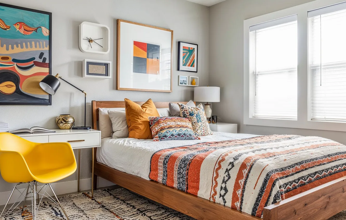 Photo wallpaper design, style, room, lamp, interior, picture, Desk, cozy bedroom