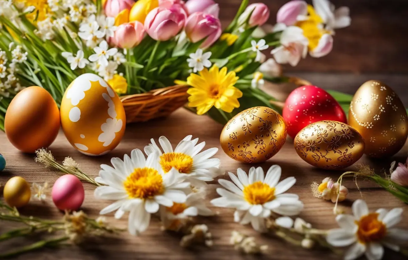 Photo wallpaper flowers, eggs, spring, colorful, Easter, flowers, spring, Easter