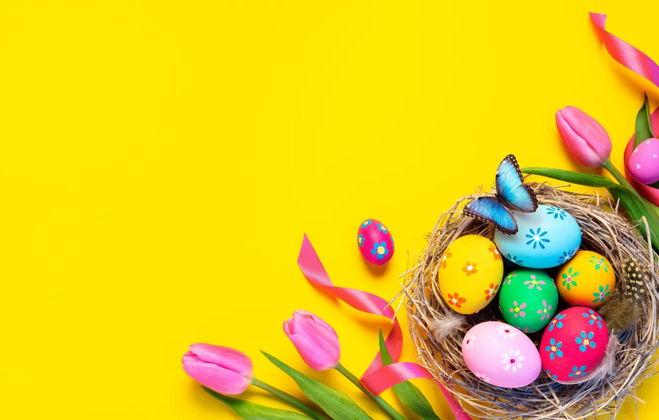 Photo wallpaper flowers, eggs, spring, colorful, Easter, flowers, tulips, spring