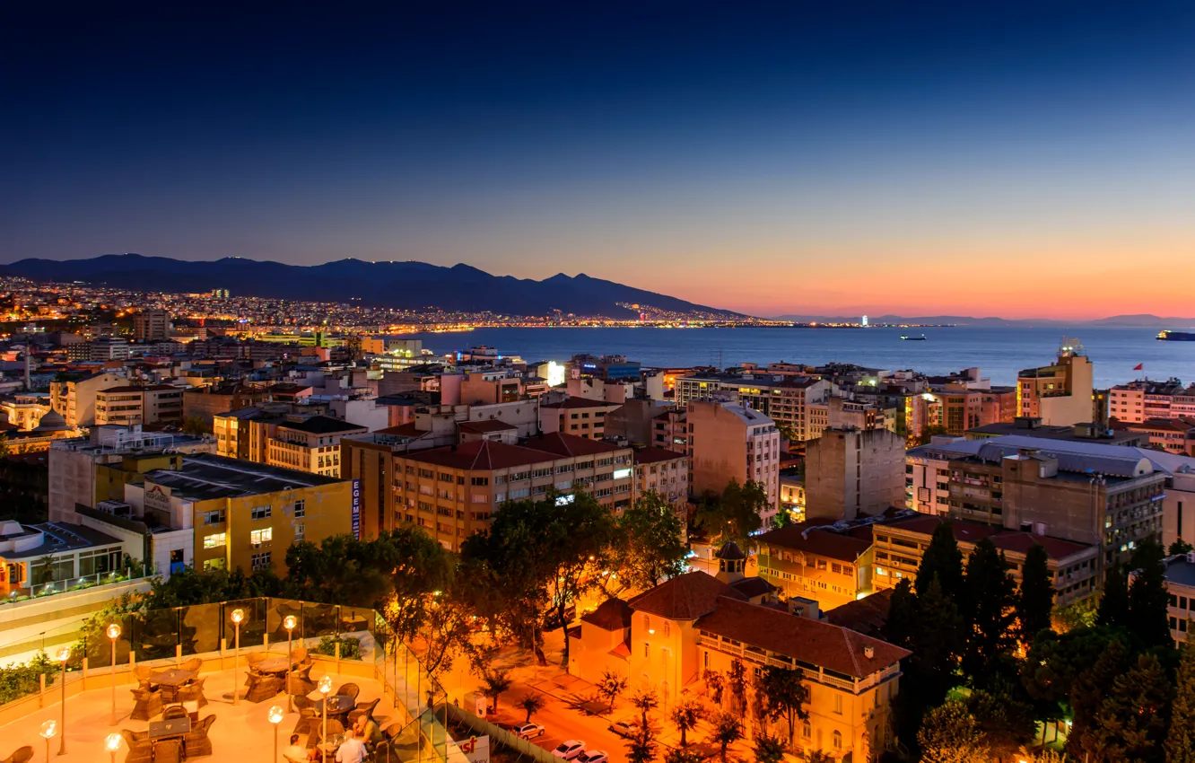 Photo wallpaper sea, landscape, sunset, mountains, night, lights, coast, home