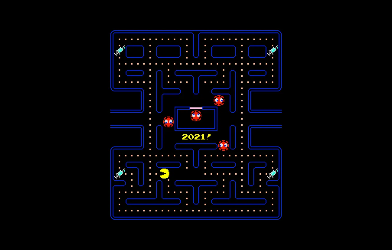 Photo wallpaper retro, virus, pac man, namco, arcade, 2021, covid, vac man