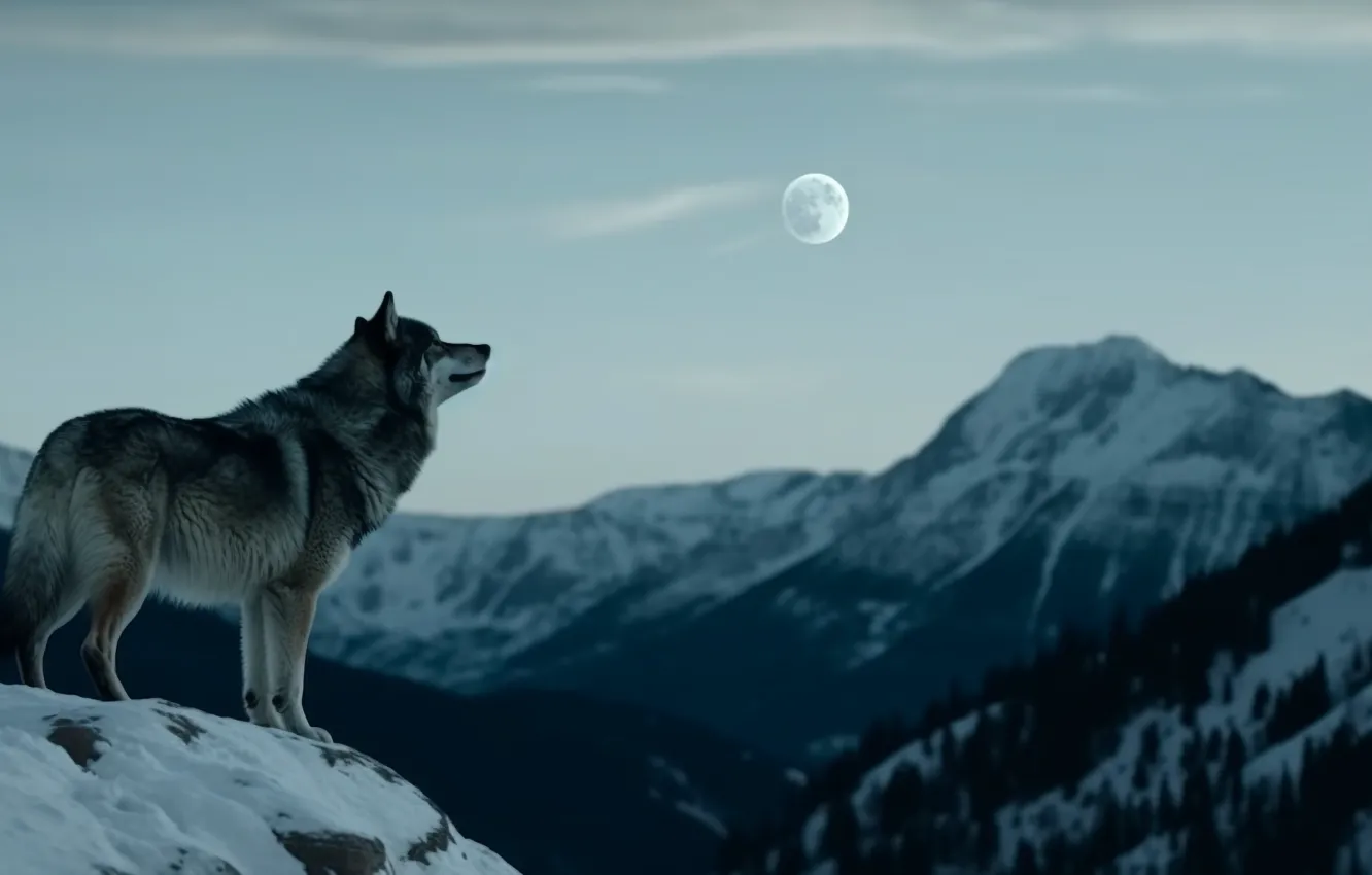 Photo wallpaper Mountains, The moon, Wolf, Grey wolf, Digital art, AI art, Wilderness, The Art of Artificial …