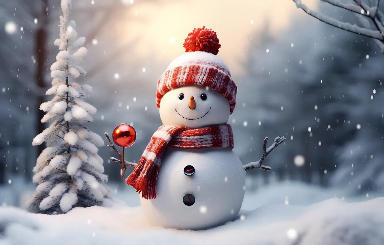 Photo wallpaper winter, snow, new year, Christmas, snowman, Christmas, winter, snow