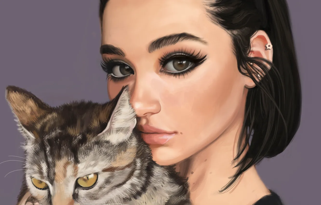 Photo wallpaper cat, look, girl, face, animal, makeup, art