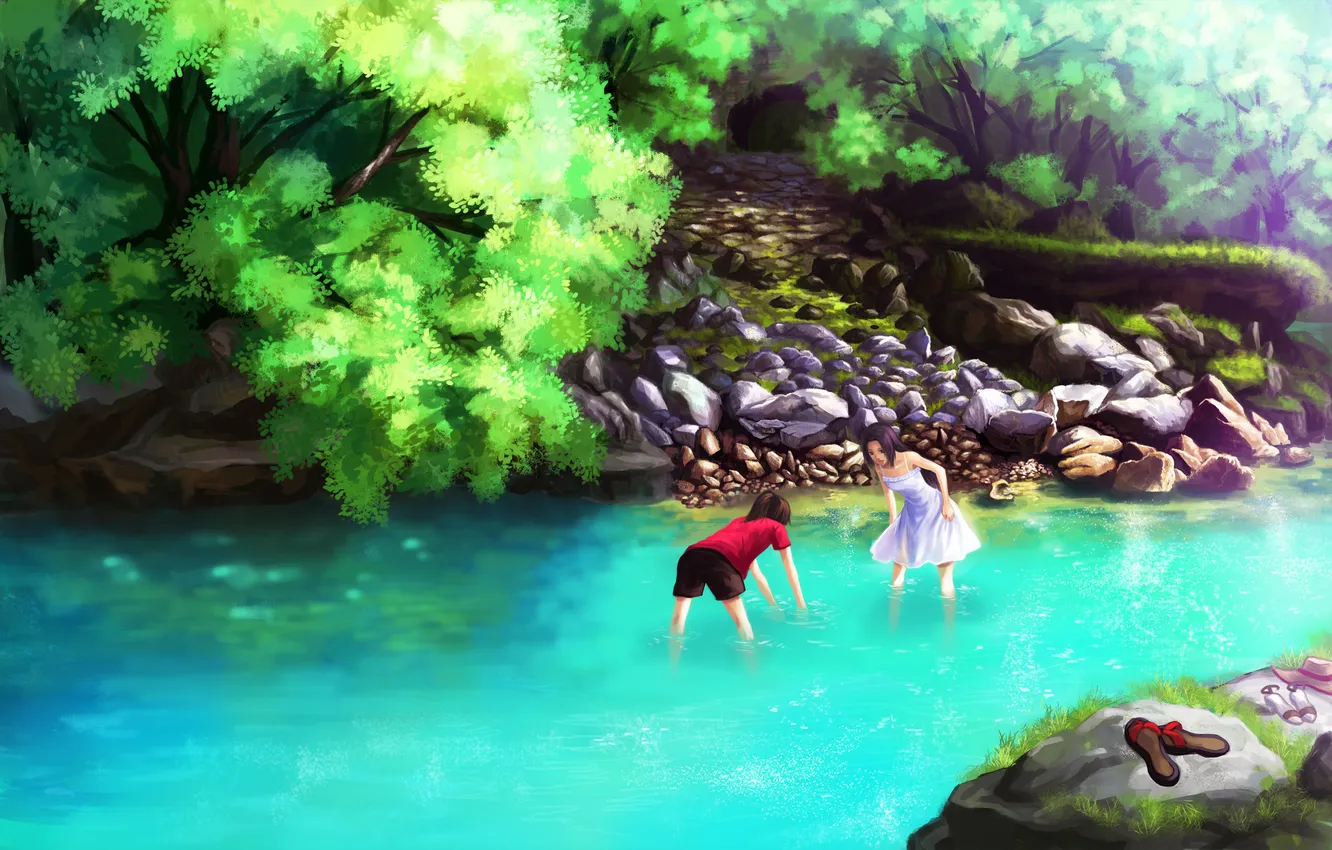 Photo wallpaper girl, trees, landscape, river, stones, bathing, art, Appleseed