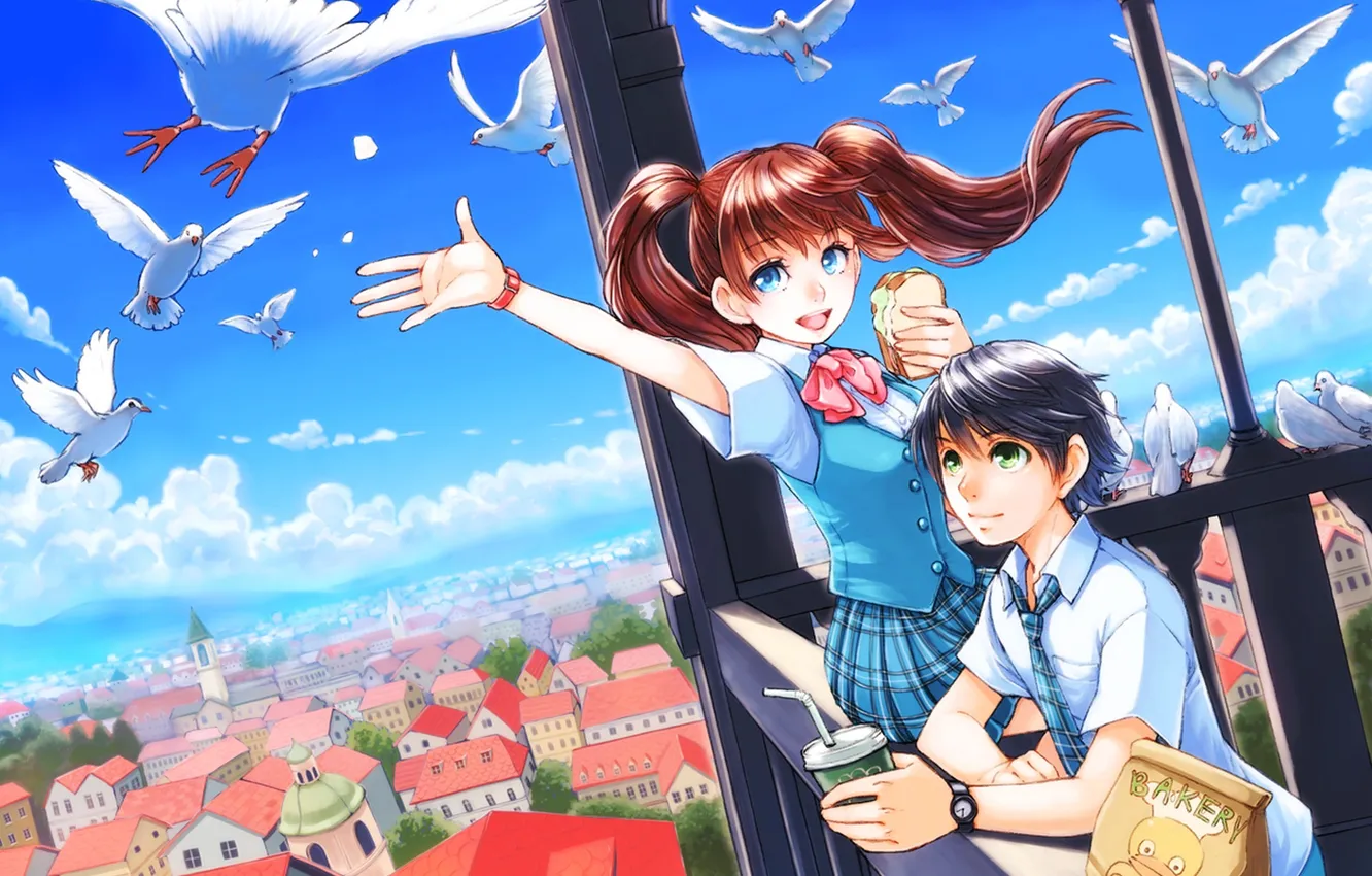 Photo wallpaper the sky, girl, clouds, joy, the city, bird, home, anime