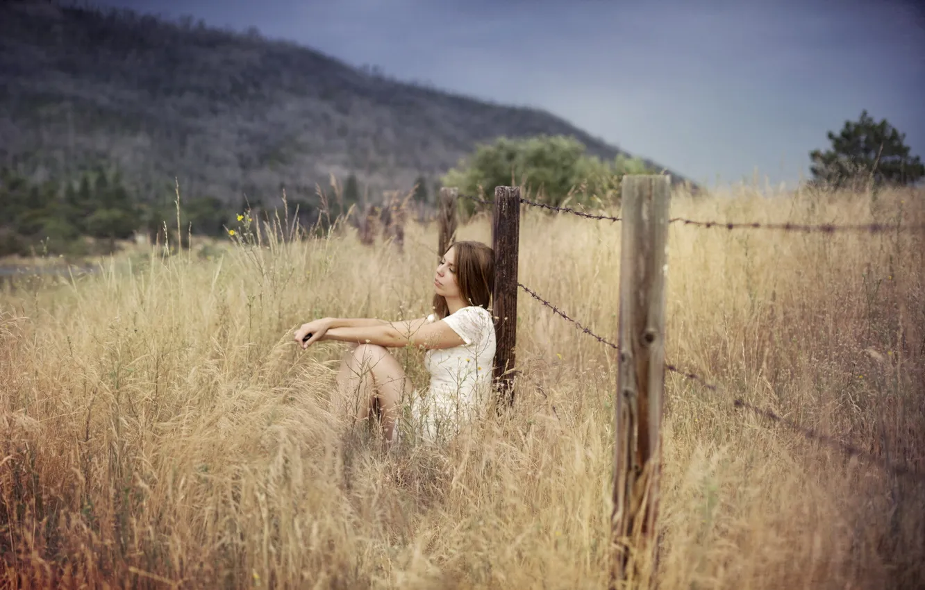 Photo wallpaper field, girl, the fence