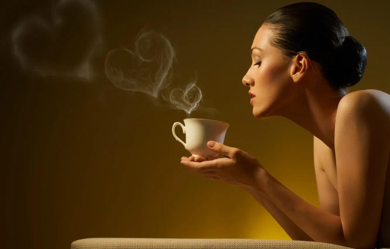 Photo wallpaper girl, coffee, Cup, hearts, profile, hairstyle, smoke