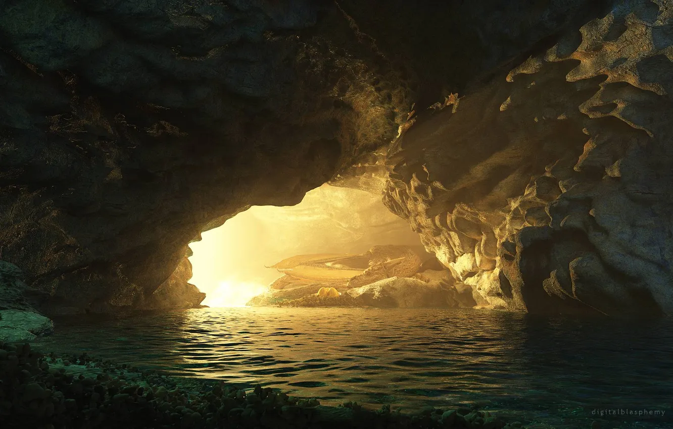 Photo wallpaper light, fantasy, water, dragon, sleep, cave