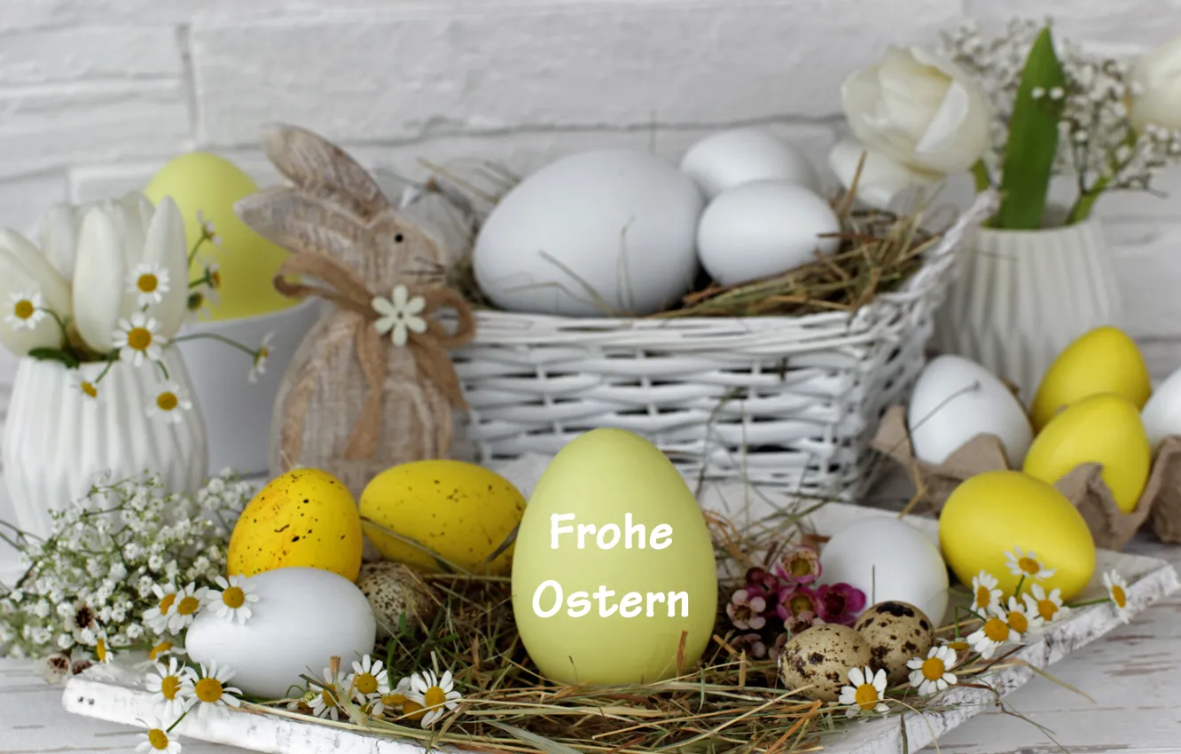 Photo wallpaper flowers, Easter, flowers, spring, Easter, eggs, decoration, Happy