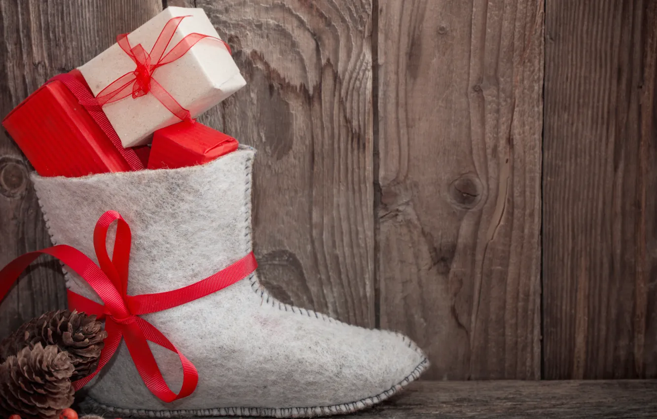Photo wallpaper gift, new year, Christmas, boots, Christmas, wood, merry christmas, Xmas