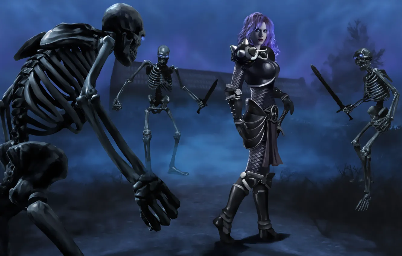 Photo wallpaper girl, skeletons, undead