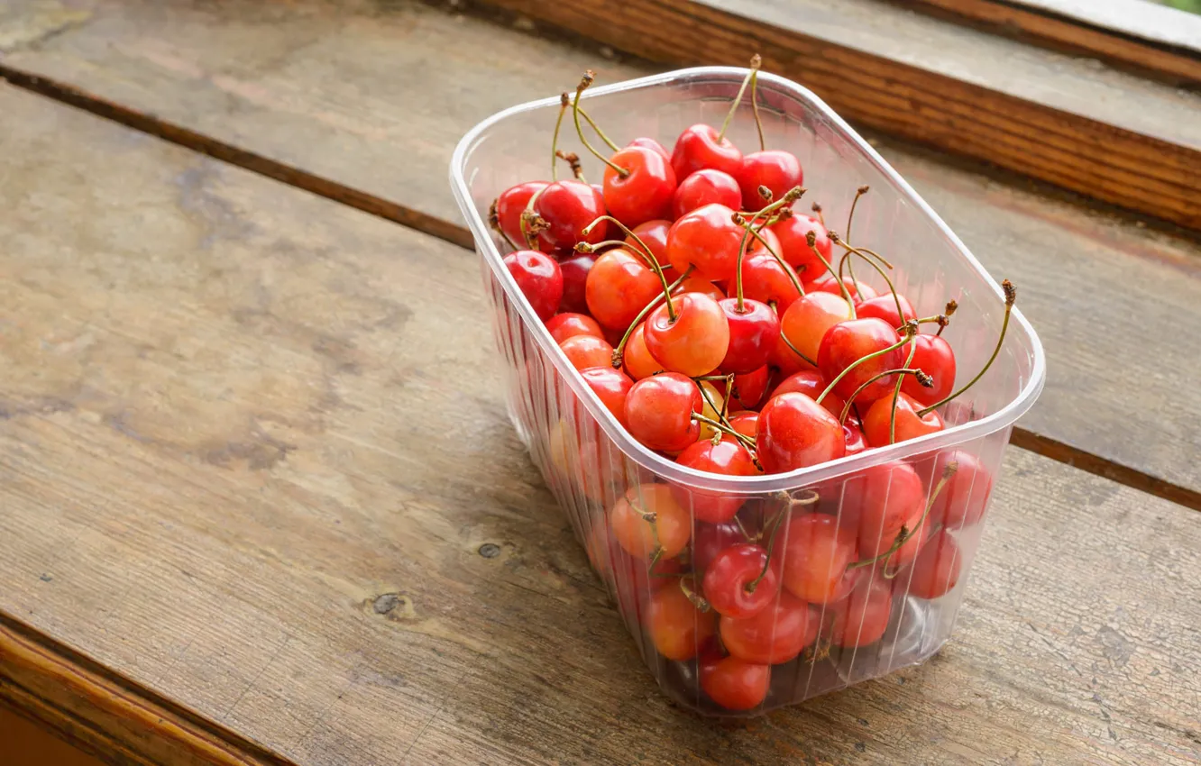 Photo wallpaper berries, Board, container, tray, cherry