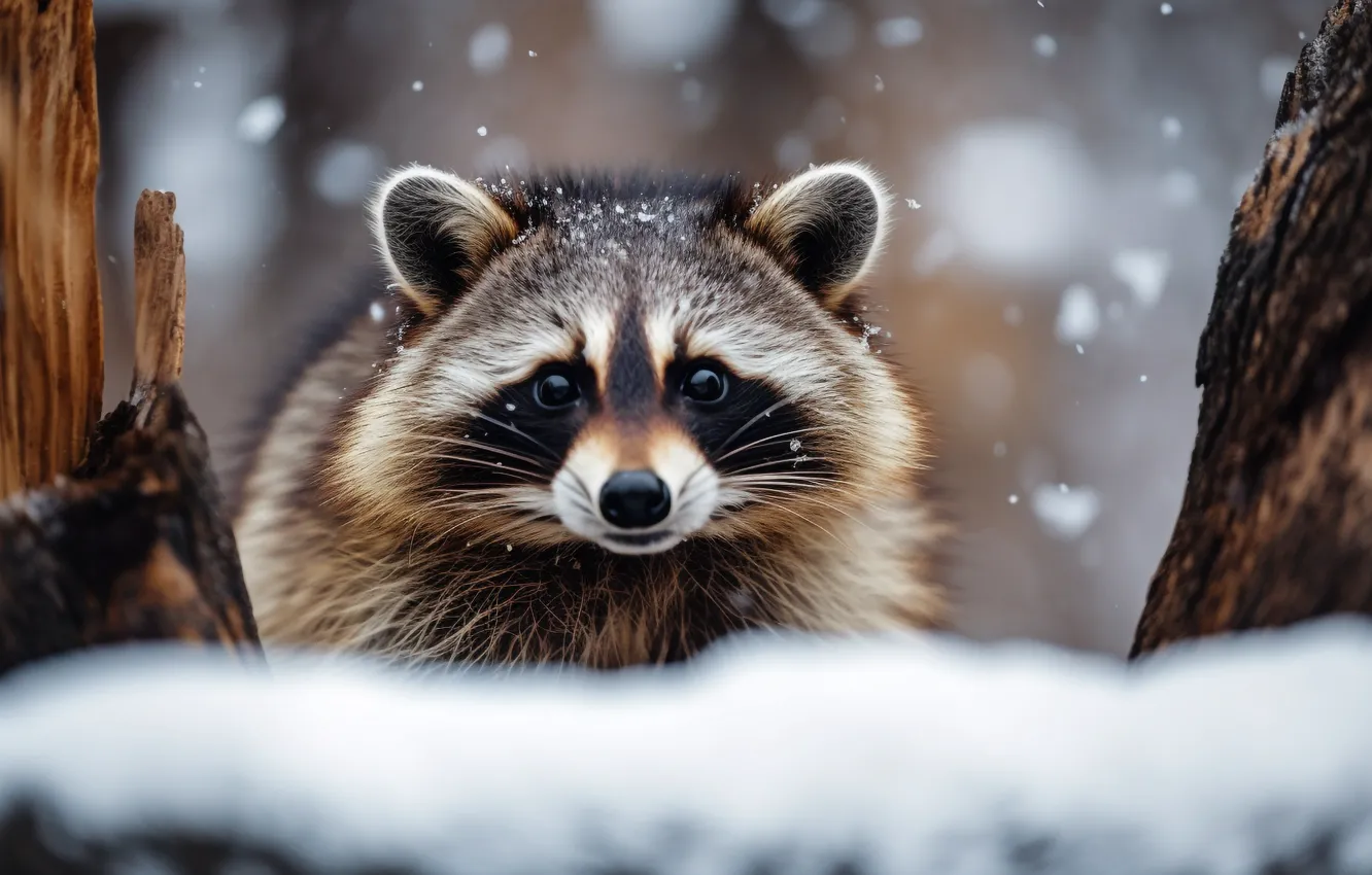 Photo wallpaper winter, snow, portrait, raccoon, face, digital art, AI art, The Art of Artificial Intelligence