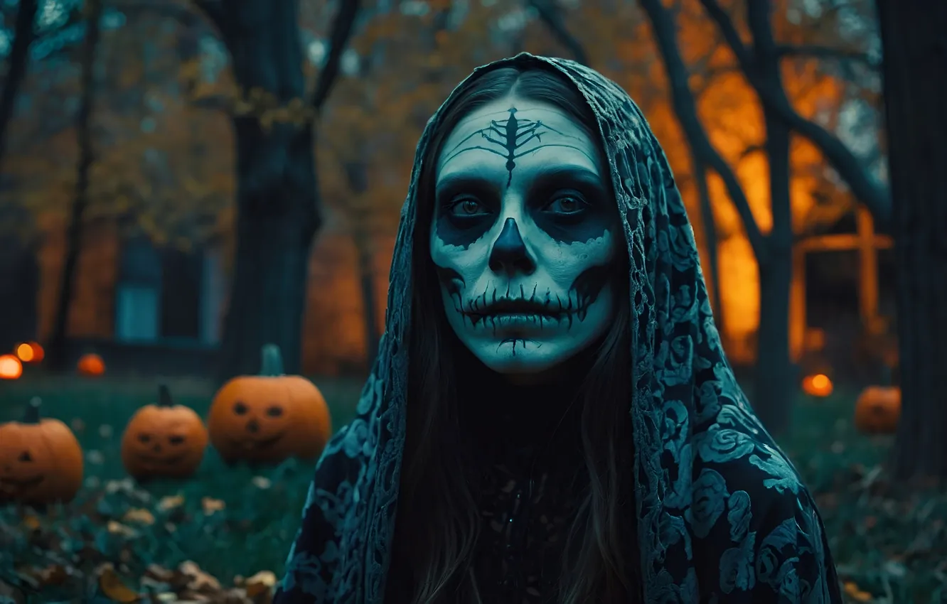 Photo wallpaper autumn, girl, night, lights, pose, glade, skull, home