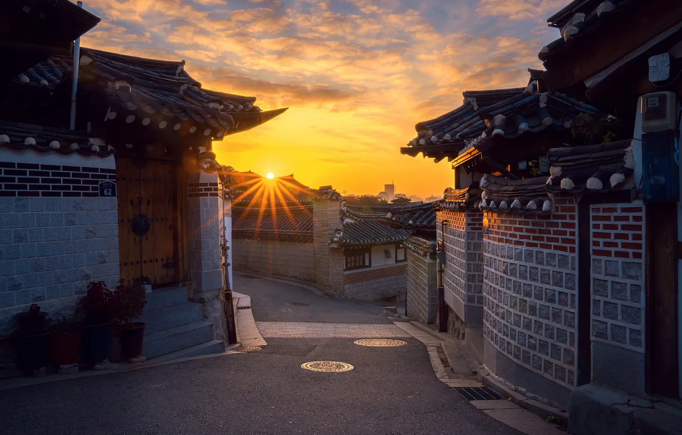 Photo wallpaper dawn, morning, Seoul, old town, South Korea