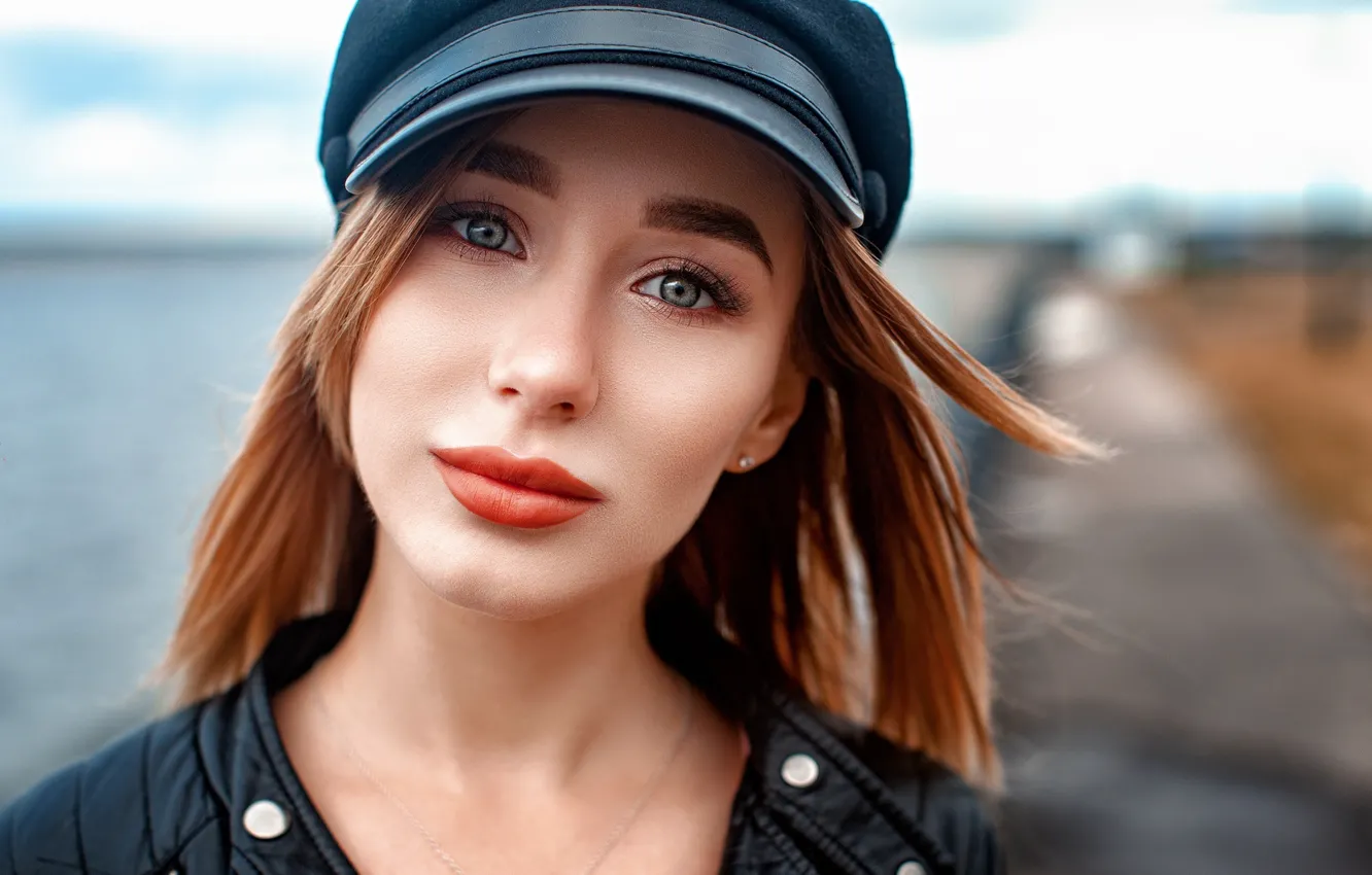 Photo wallpaper look, background, model, portrait, makeup, jacket, hairstyle, cap