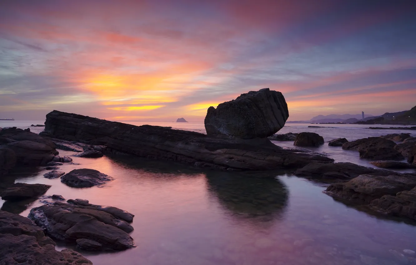 Photo wallpaper shore, sea, twilight, rocks, stones, sunset