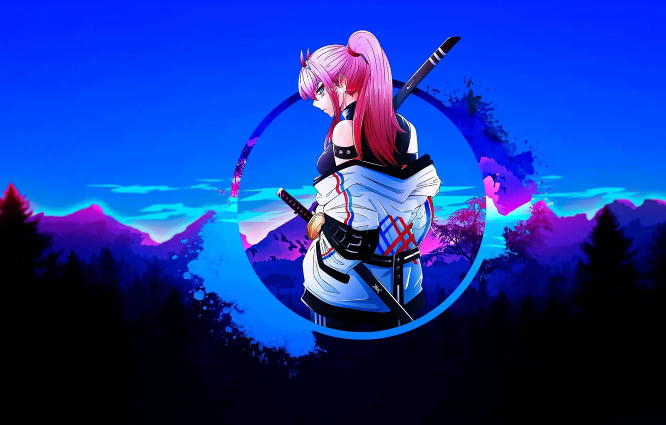 Photo wallpaper the sky, girl, mountains, katana, anime, the animated series, pink hair, Darling in the FranXX