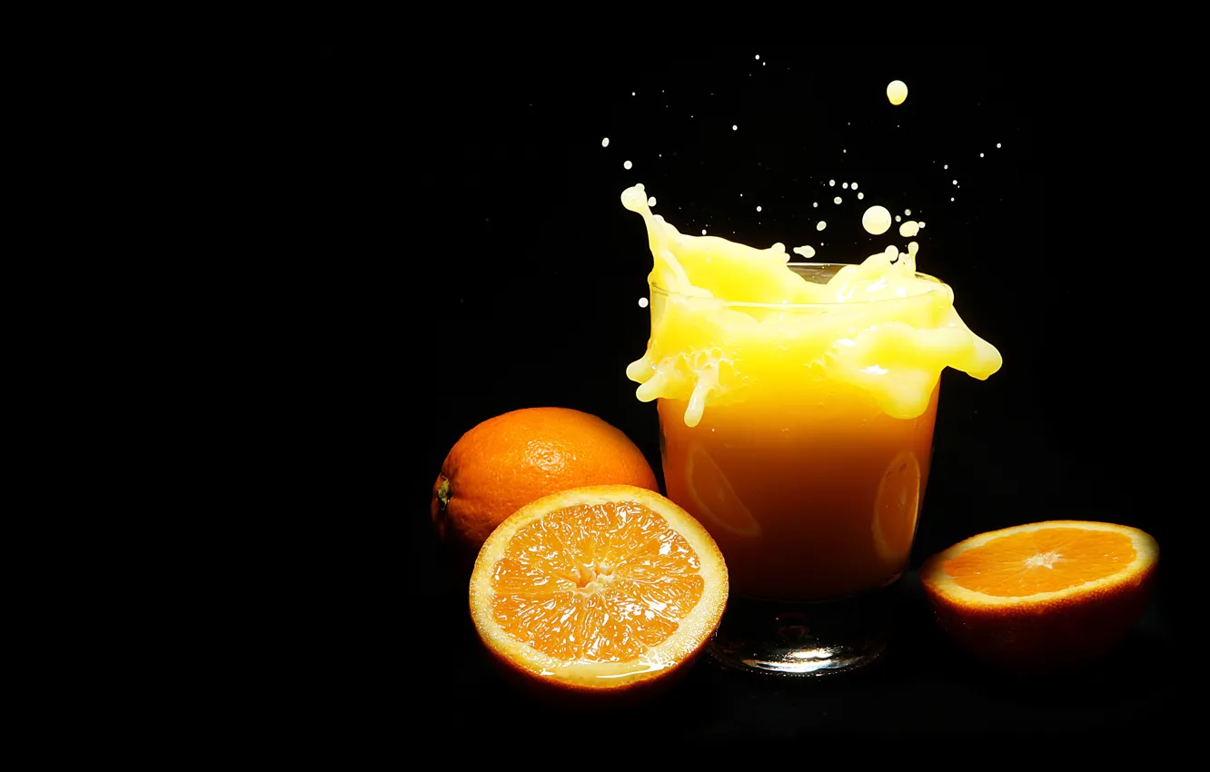 Photo wallpaper light, squirt, glass, orange, splash, juice, drink, black background