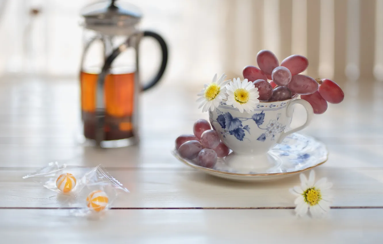 Photo wallpaper flowers, kettle, red, table, light, tea, Cup, pills