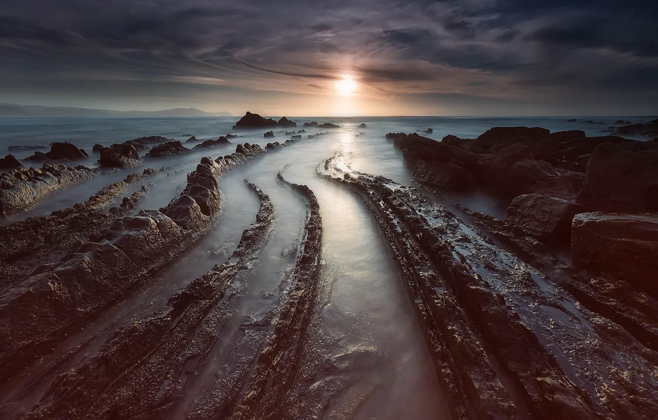 Photo wallpaper sea, the sky, the sun, rocks, Spain