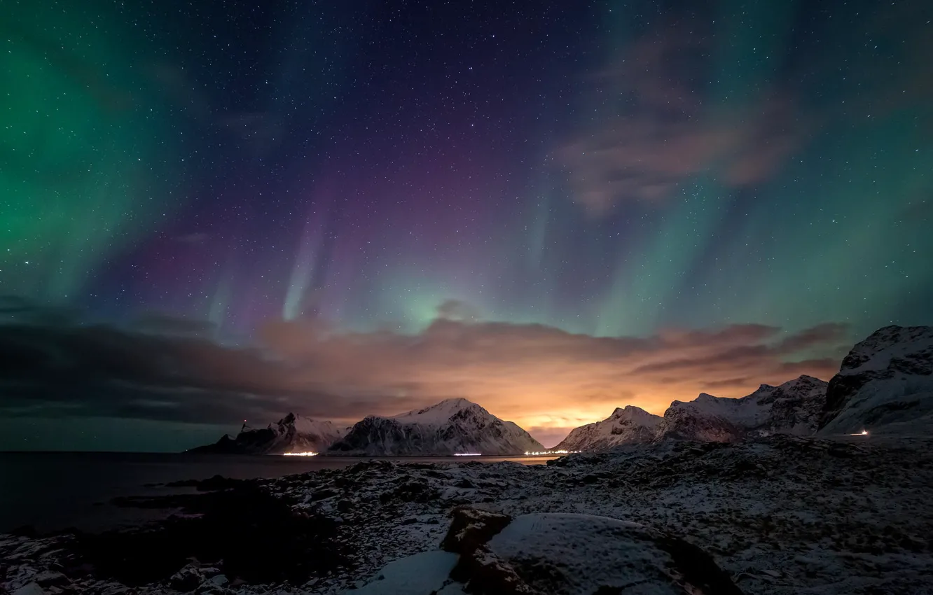 Photo wallpaper snow, mountains, night, the ocean, Northern lights, glow