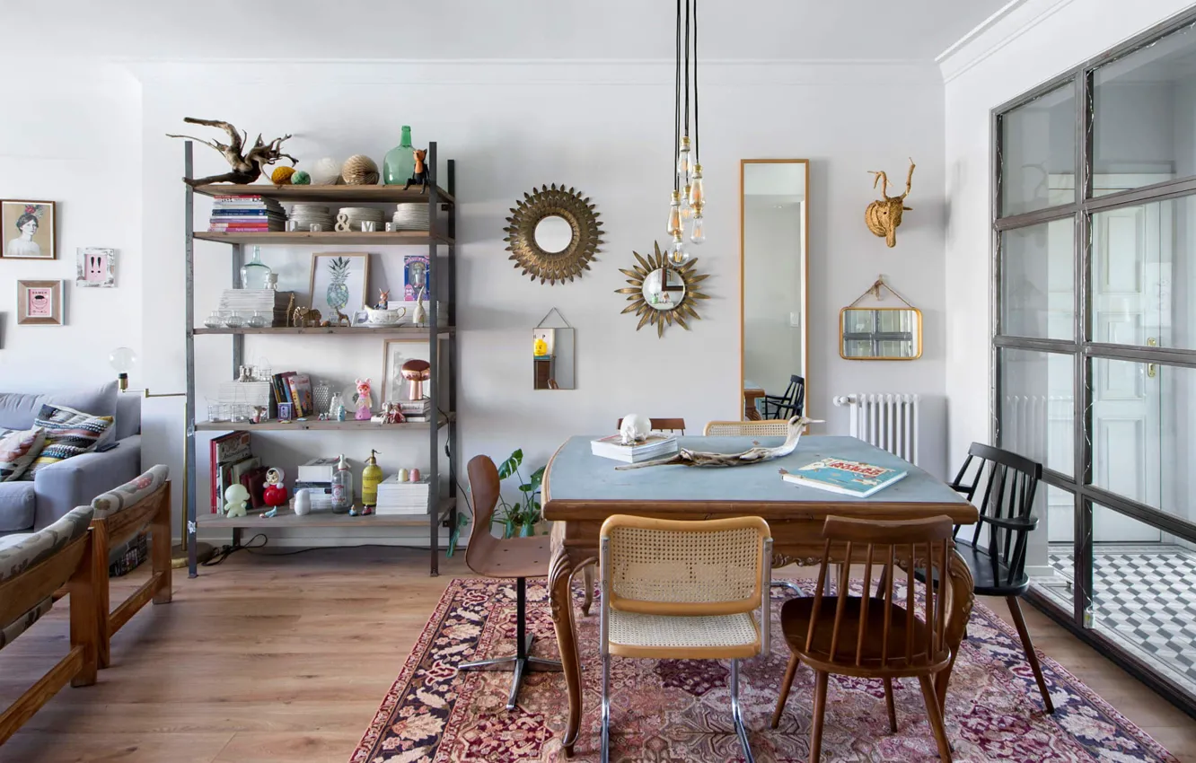 Photo wallpaper interior, living room, dining room, NONAGON style, eclectic living-dining, mismatched chairs