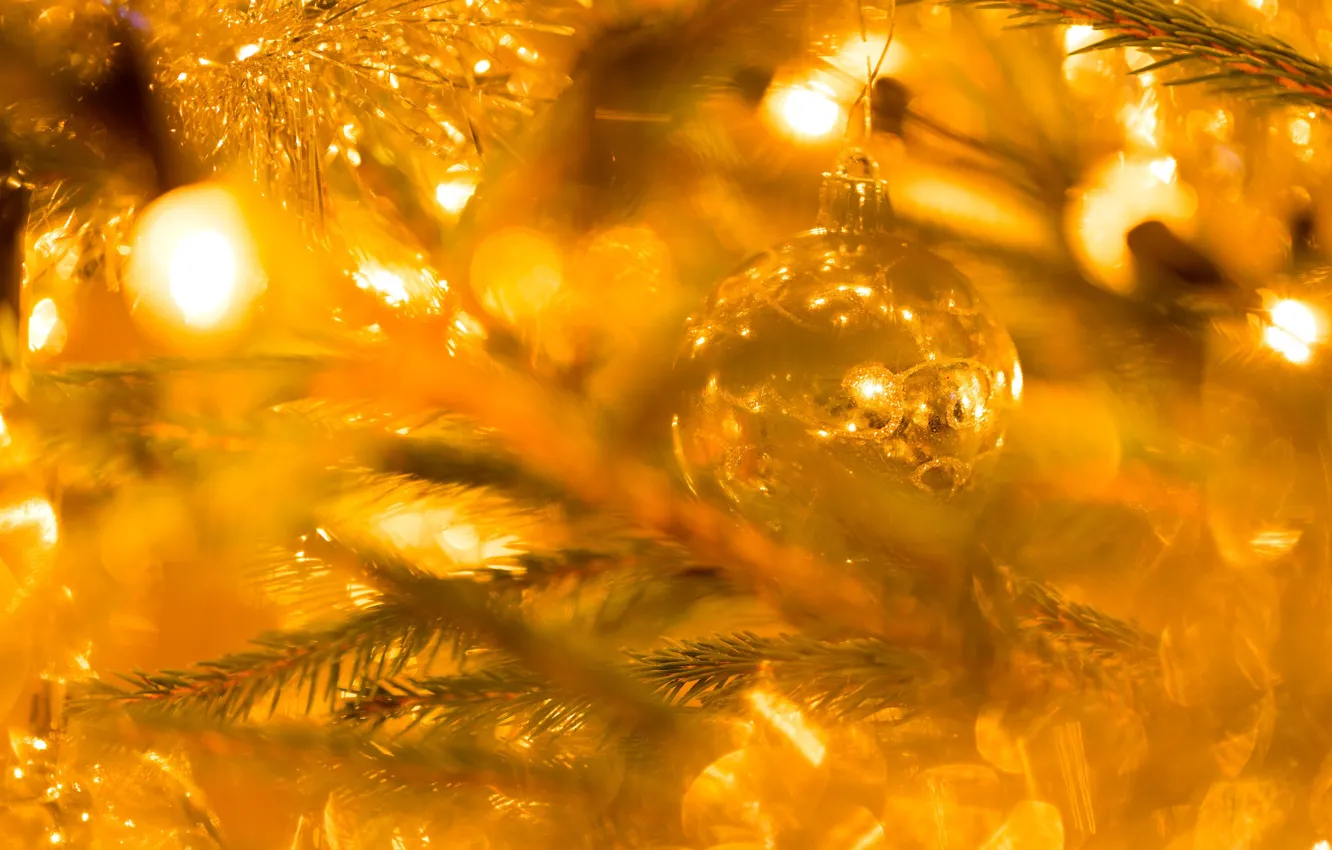 Photo wallpaper gold, toy, new year, ball, spruce